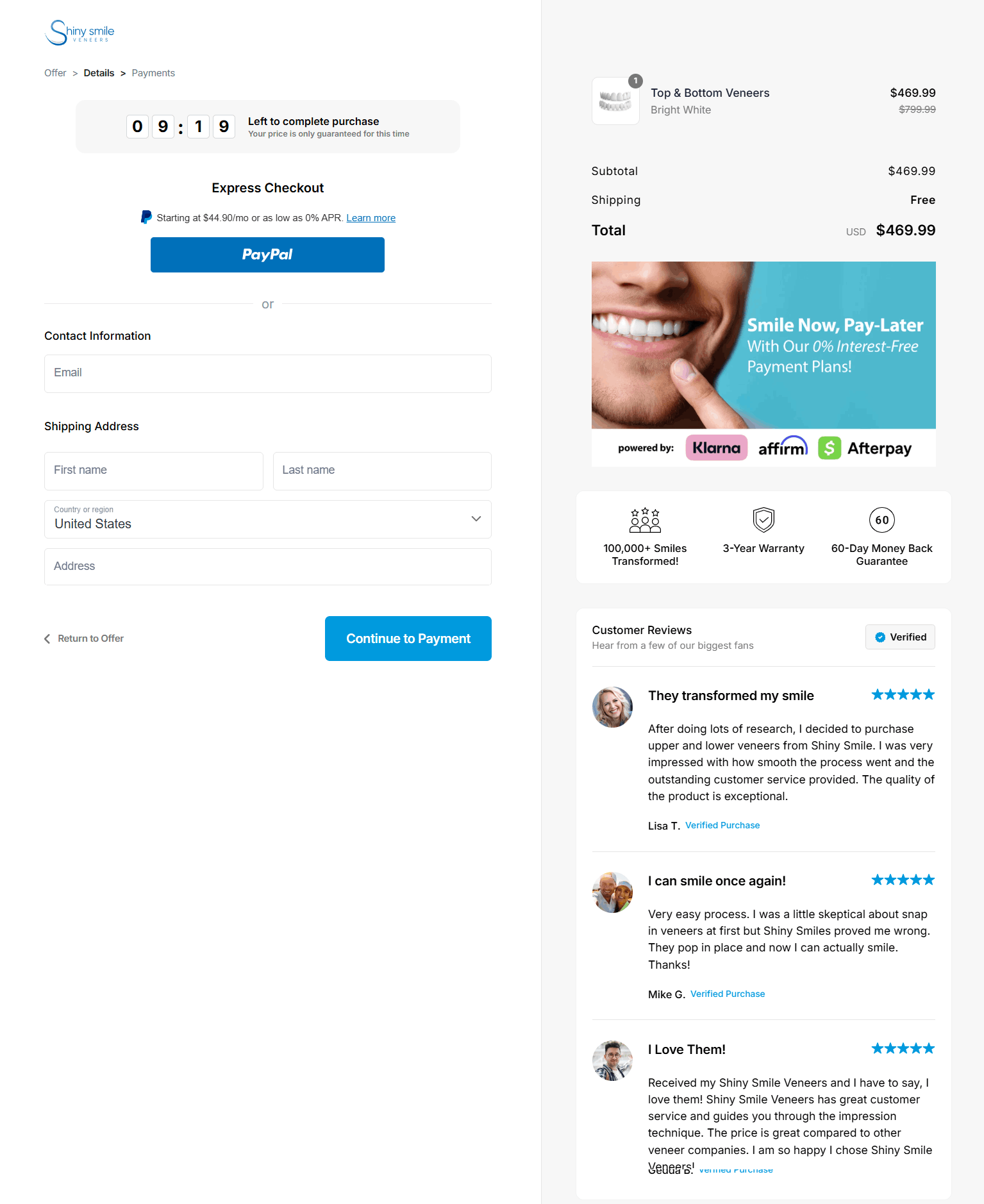 Shiny Smile Veneers checkout page